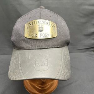 Vintage United States Air Force Hat Dark Black Silver Metal Logo leather Bill